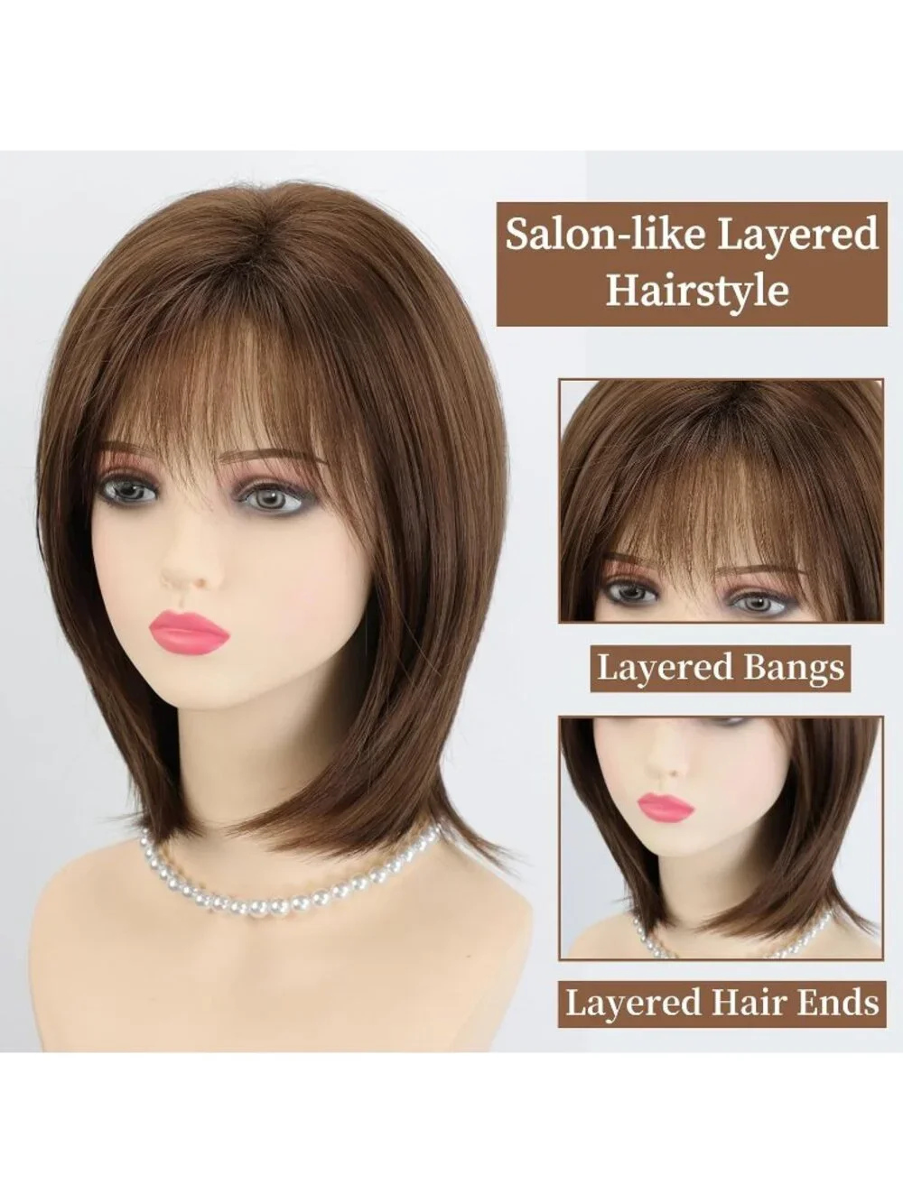 Women's Brown 12 Inch Mid Length Heat Synthetic Straight Layered Bob Wigs
